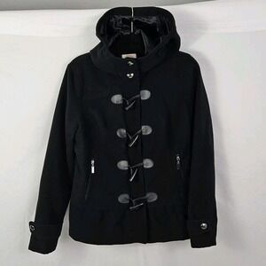 Hydraulic Coat Jacket Black Mid-Length Hooded Women's Size XL Faux Suede Accents